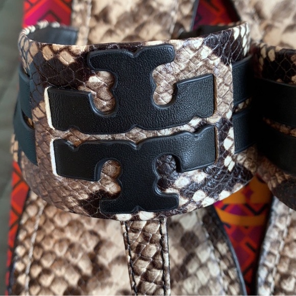 Tory Burch Leigh Flip Flop Double T Logo Snake Print Leather Sandals - Picture 3 of 5